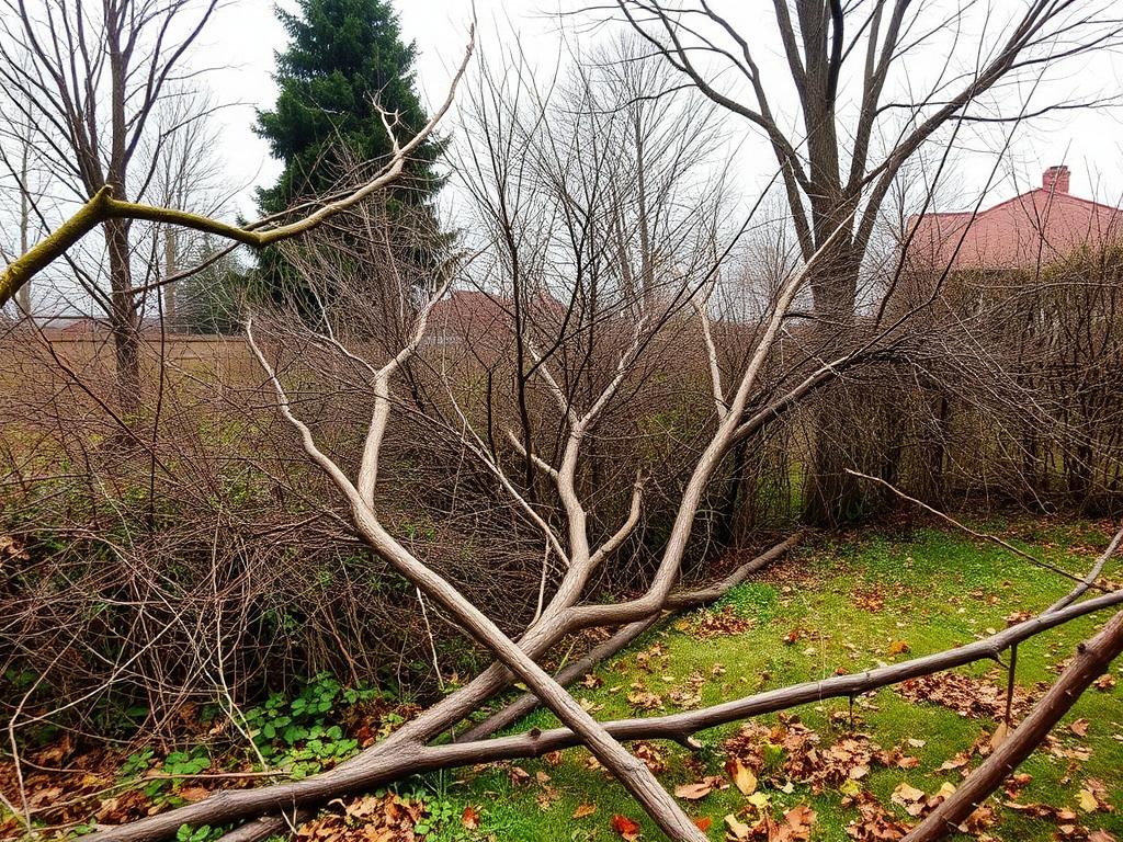 Overgrown backyard with fallen limbs