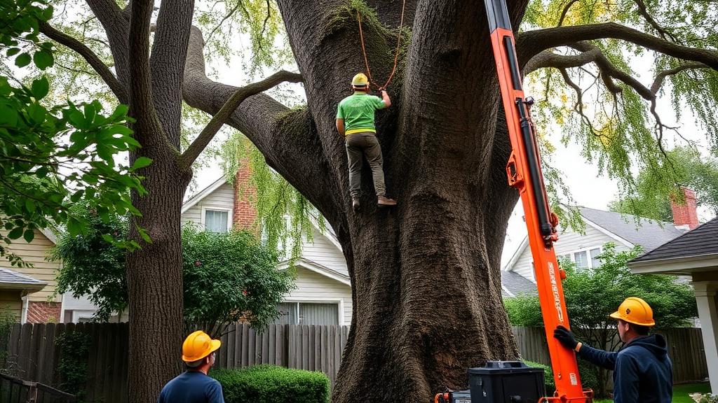 Crane-assisted tree removal in a tight suburban backyard